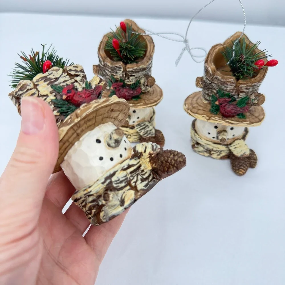Snowman Christmas Holiday Ornaments Birch Bark‎ Cardinal Pinecone Rustic 3pc Set